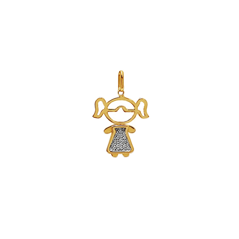 imagem Pingente em Ouro 18k. menina com laço vestido com brilhantes